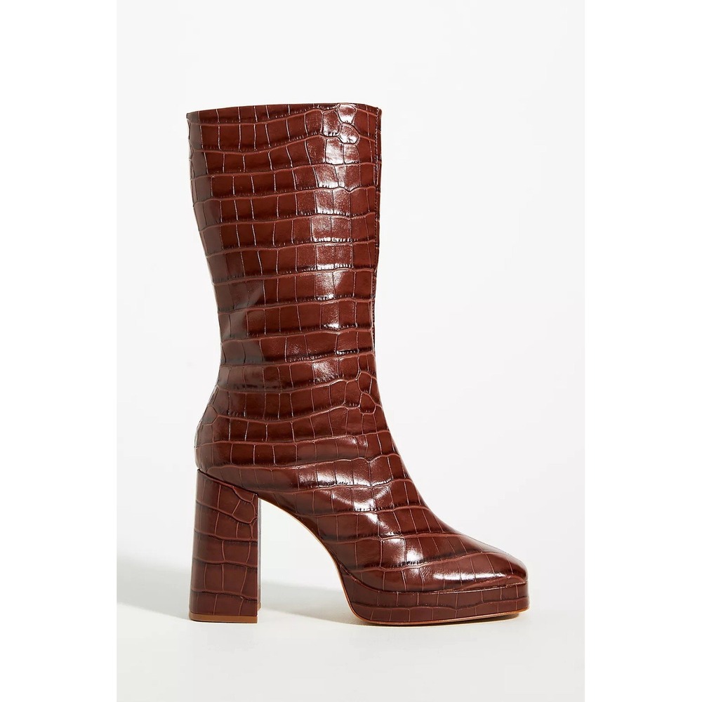 SCHUTZ Raff Croc-Embossed Leather Platform Boots US Size 6 B Brown Mid Calf